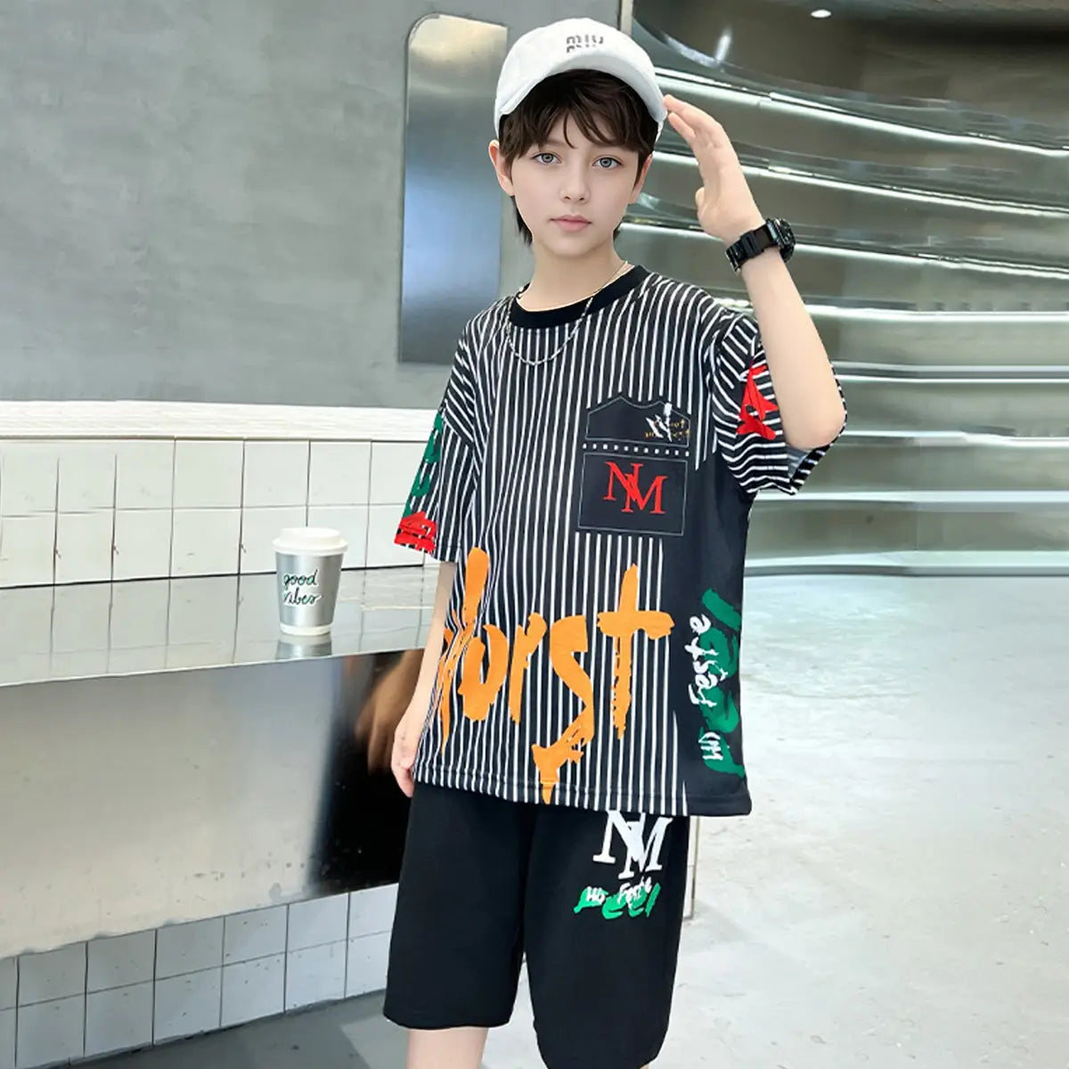 Boys Black Stripes & Typographic Printed Oversized T-Shirt With Shorts Set