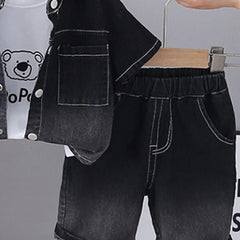 Boys Black Short Sleeve Denim Shirt With Printed T-Shirt And Shorts Sets