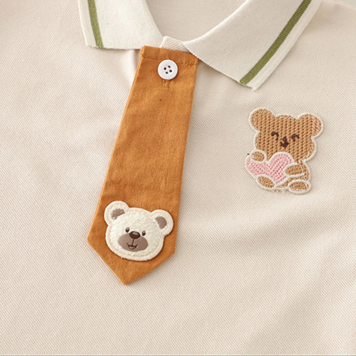 Boys Bear Patch Embroidered Polo T-Shirt With Necktie & Green Shorts Set