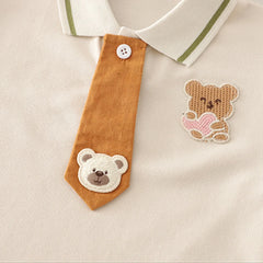 Boys Bear Patch Embroidered Polo T-Shirt With Necktie & Green Shorts Set