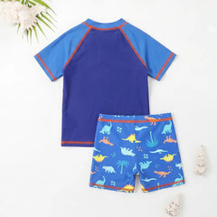 Boys Blue Dinosaur Printed T-Shirt With Shorts Swimwear Sets
