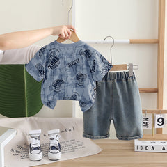 Boys Blue Graphic Printed Short Sleeves T-Shirt With Shorts Set