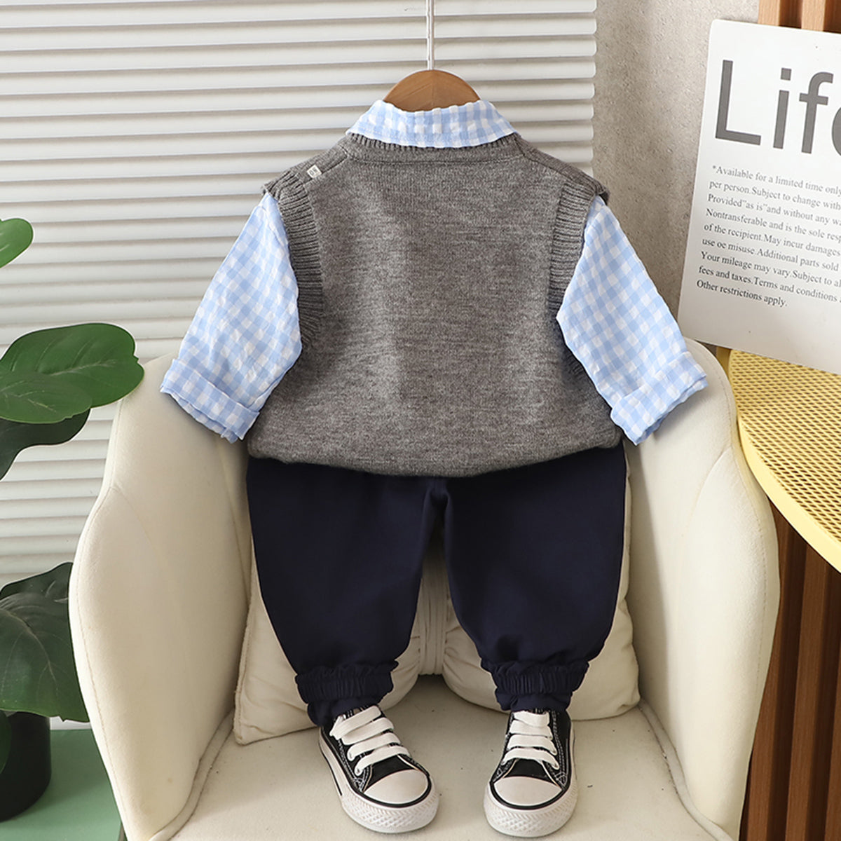 Boys Blue Cat Applique Sweater Vest With Shirt and Pant Set