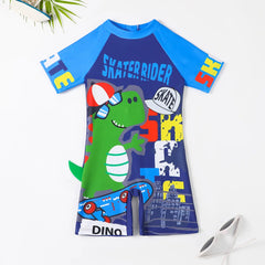 Boys Blue Graphics Short Sleeves Swimwear Bodysuit