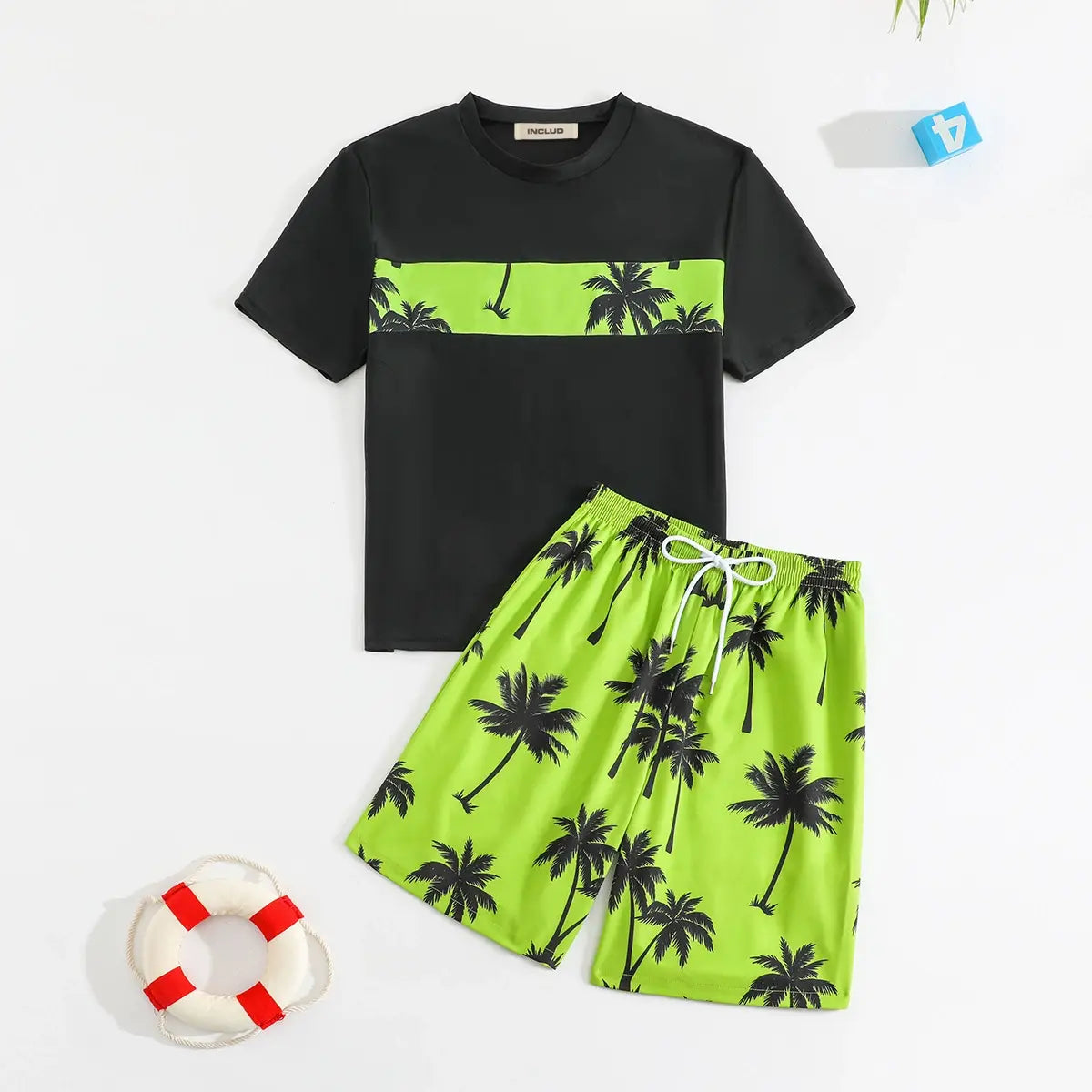 Boys Black Tropical Printed Short Sleeves T-Shirt & Shorts Swimsuit Sets