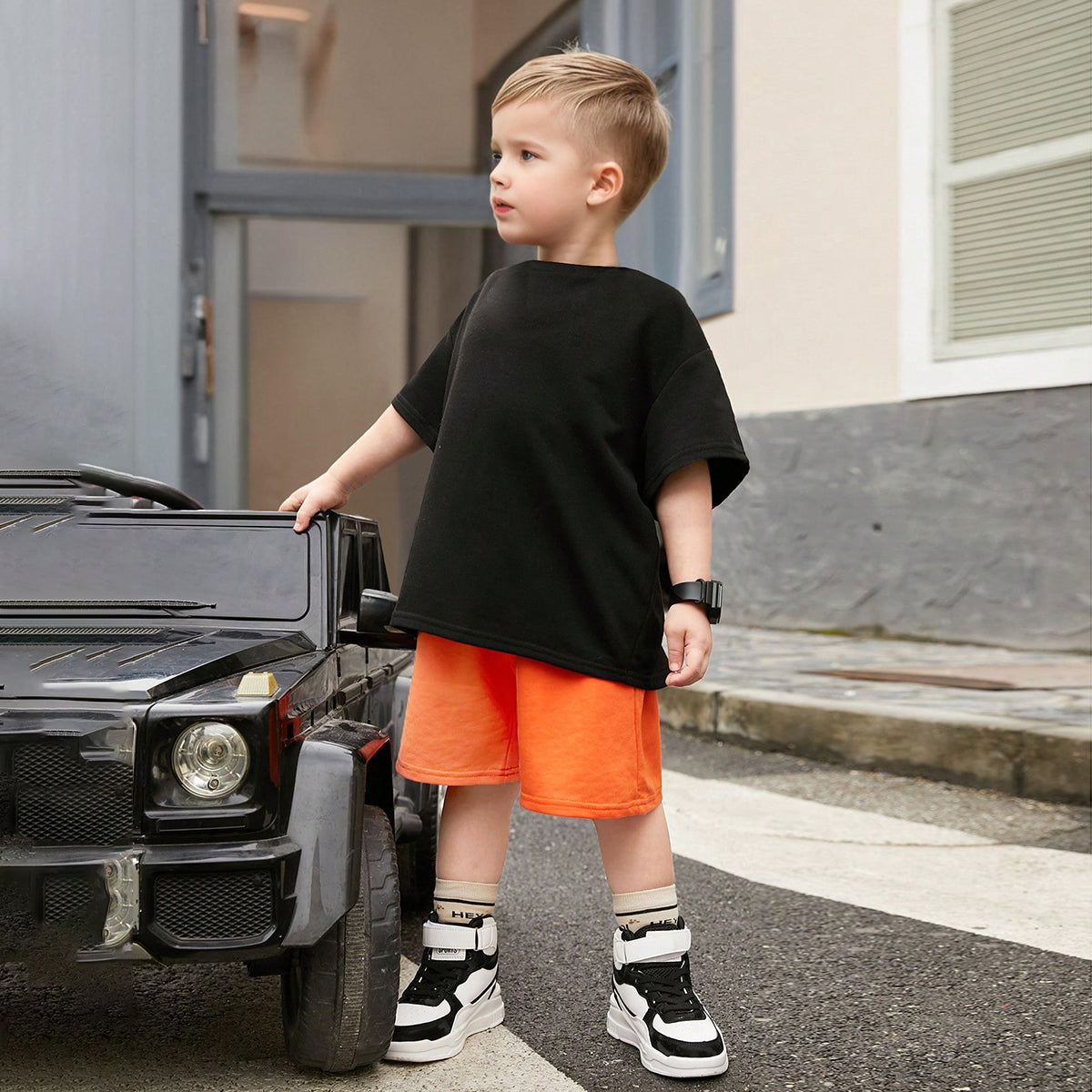 Boys Black Back Typographic Printed T-Shirt With Shorts Set