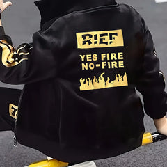Boys Black Typographic Printed Hooded Zip-up Jacket With Jogger Sets