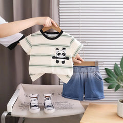 Boys Beige Panda Printed Striped Short Sleeve T-Shirt With Denim Shorts Sets