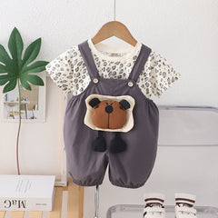 Boys Animal Printe T-Shirt With Dark Grey 3D Appliqued Dungaree Set