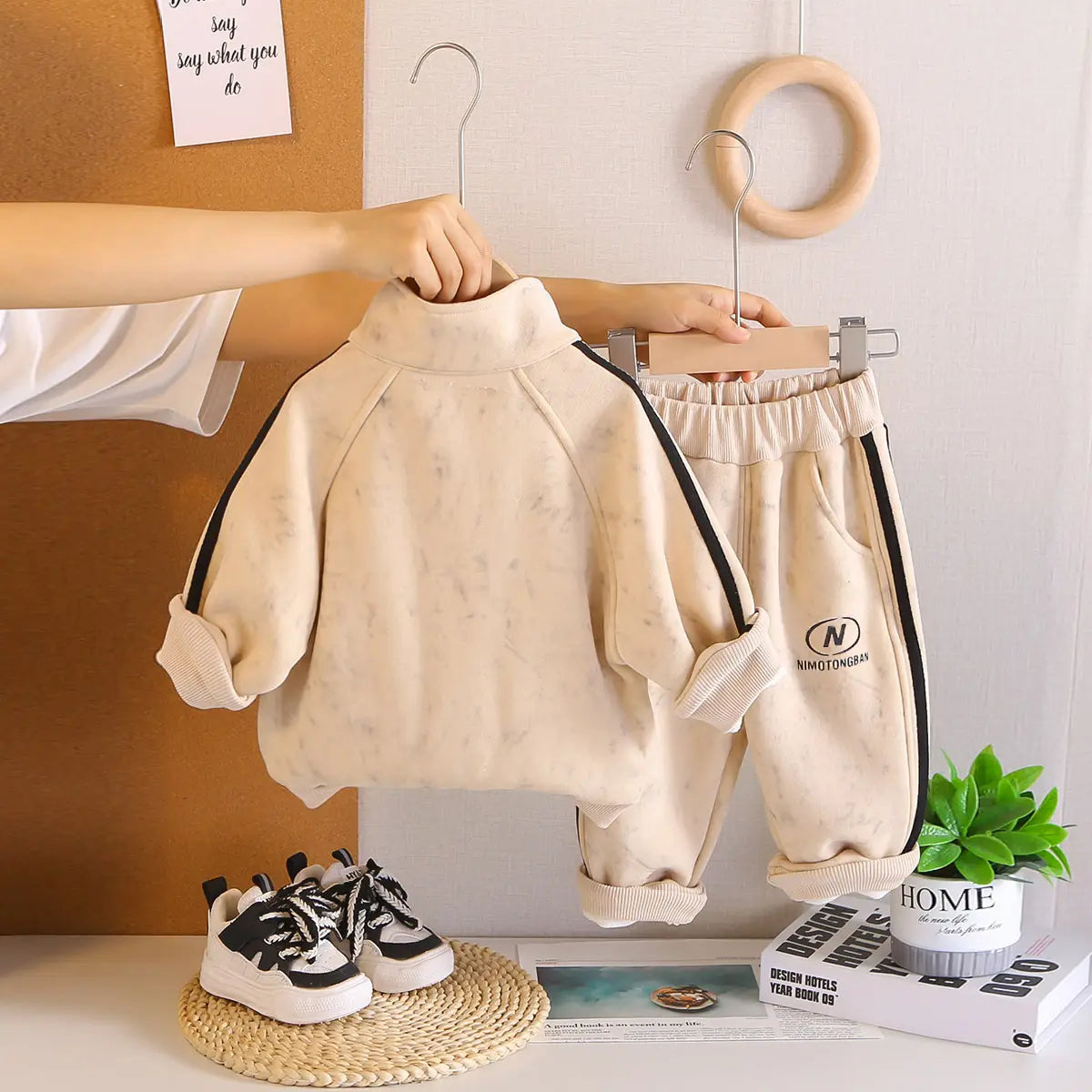 Boys Beige Two Side Stripes Zip-up Jacket With Jogger Co-ord Sets