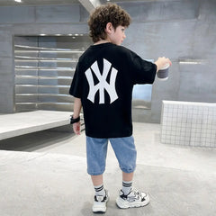 Boys Black Printed Drop Shoulder T-Shirt With Denim Capri Sets