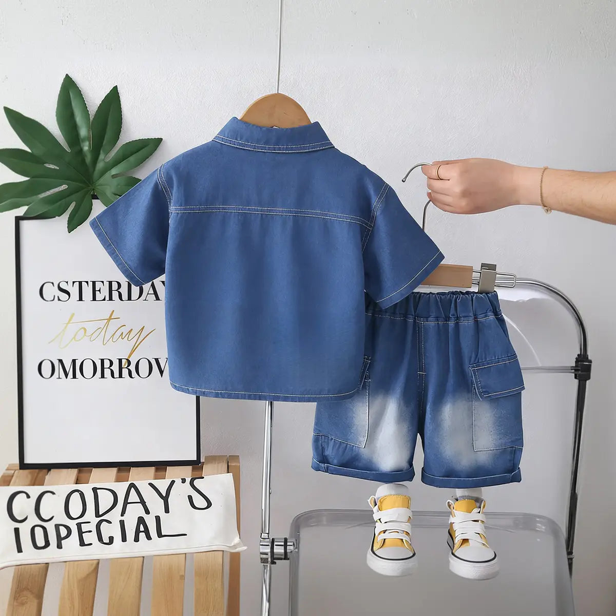Boys Blue Denim Shirt & Shorts With Printed T-Shirt Sets