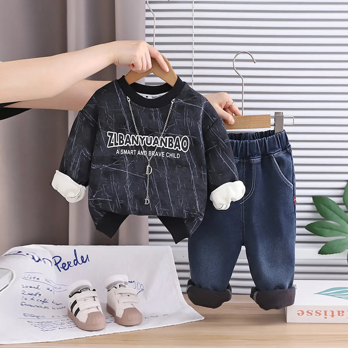 Boys Black Abstract Printed Sweatshirt With Denim Pants Set