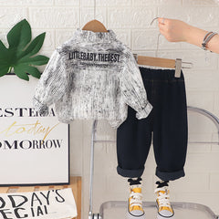 Boys Black Abstract Printed Long Sleeves Shirt With Denim Pants Set