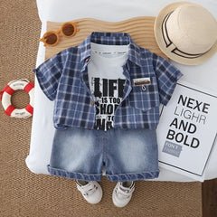 Boys Blue Checked Shirt With Printed T-Shirt & Denim Shorts Set