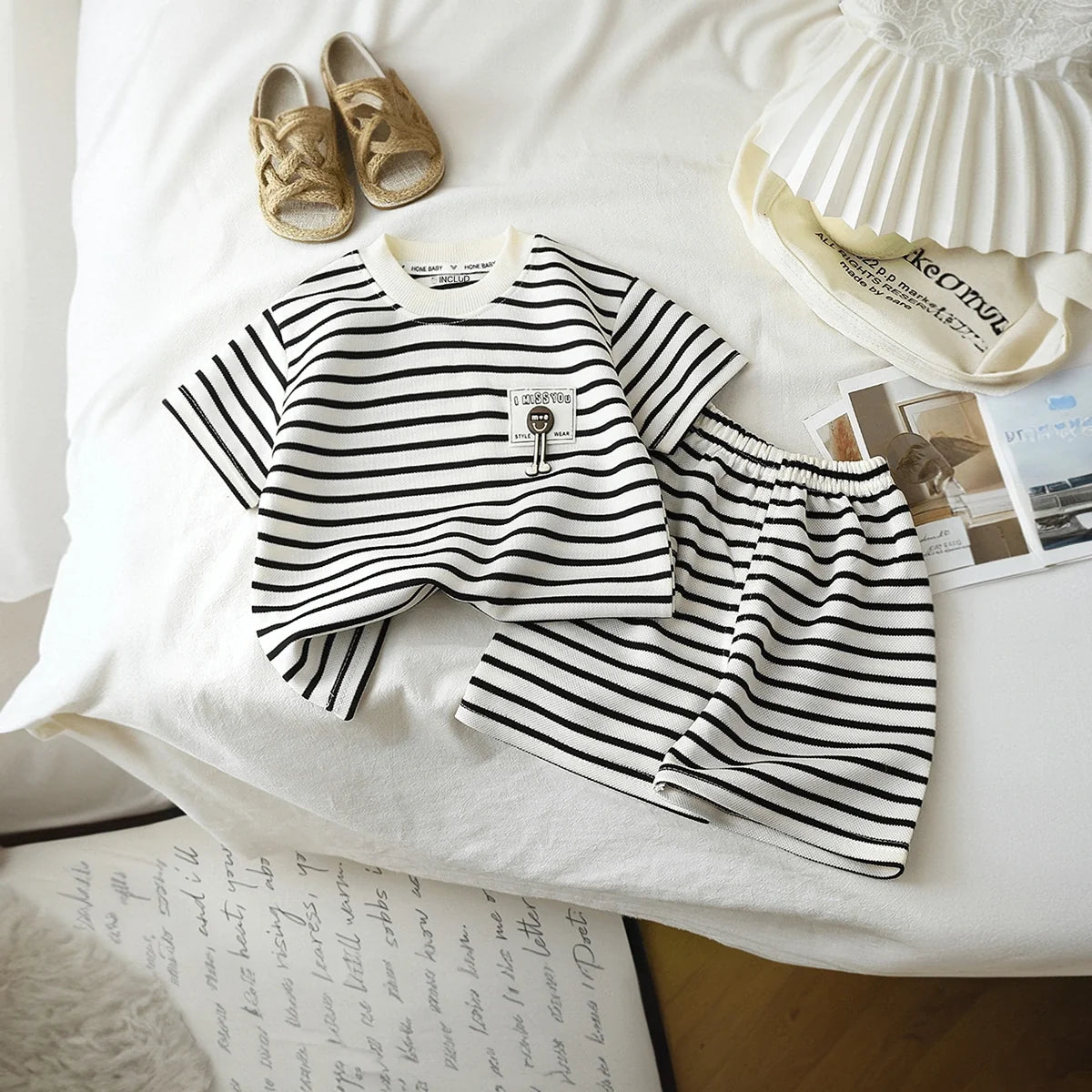 Boys Black Striped Short Sleeve T-Shirt With Shorts Sets