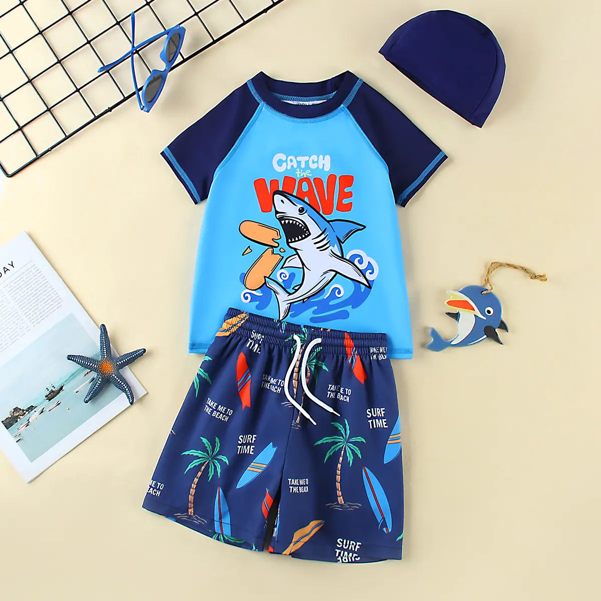 Boys Blue Graphics T-Shirt With Shorts & Swim Cap Swimwear Sets