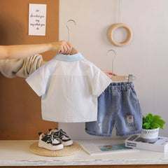 Boys Blue Car Graphic Short Sleeve Shirt With Denim Shorts Sets