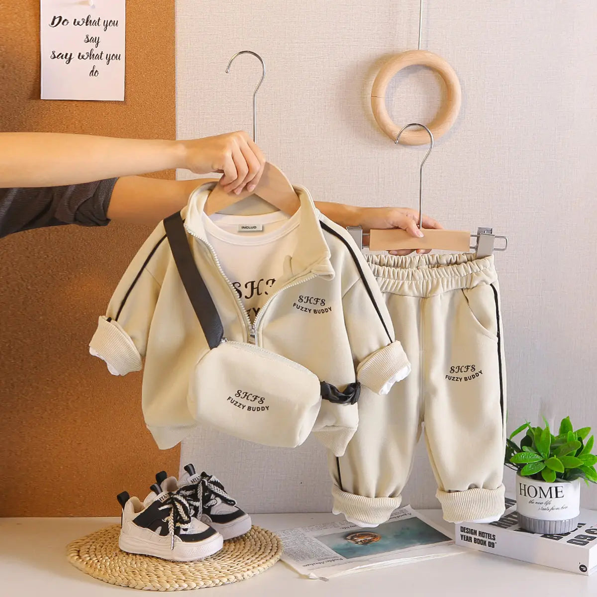 Boys Beige Typographic Printed Zip-up Jacket & Jogger With T-Shirt & Sling Bag Sets