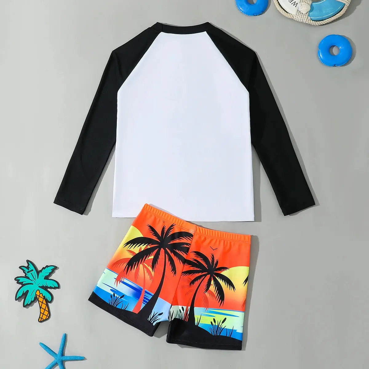 Boys Black Tropical Printed Long Sleeves T-Shirt & Shorts Swimsuit Sets