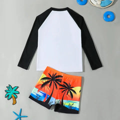 Boys Black Tropical Printed Long Sleeves T-Shirt & Shorts Swimsuit Sets