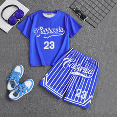 Boys Blue Alphanumeric Printed Short Sleeve T-Shirt With Shorts Set
