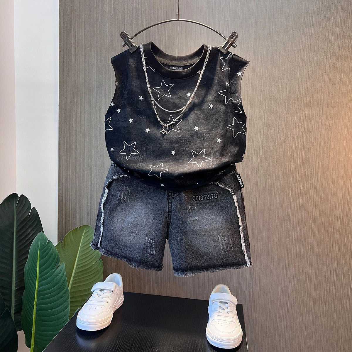 Boys Black Star Print Sleeveless T-Shirt With Denim Shorts Sets