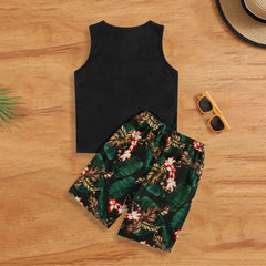 Boys Black Tropical Printed Sleeveless Vest With Shorts Set