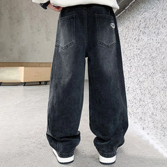 Boys Black Typographic Print Baggy Fit Denim Jeans