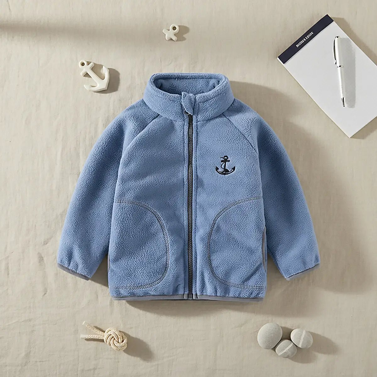 Boys Blue Fleece Embroidered Anchor Logo Zip-up Jacket