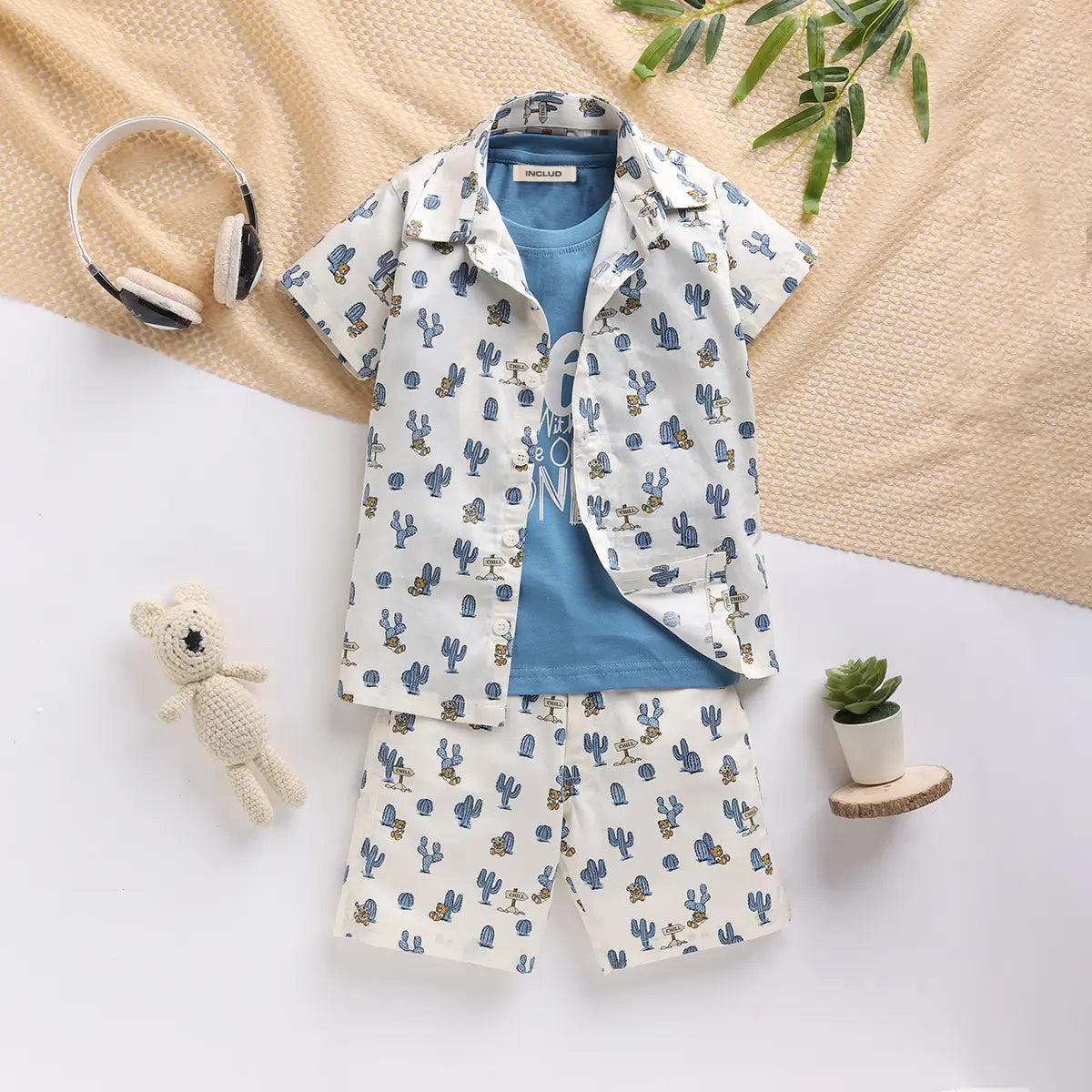 Boys Blue Cactus Printed Shirt With T-Shirt And Shorts Sets