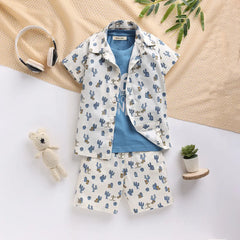Boys Blue Cactus Printed Shirt With T-Shirt And Shorts Sets