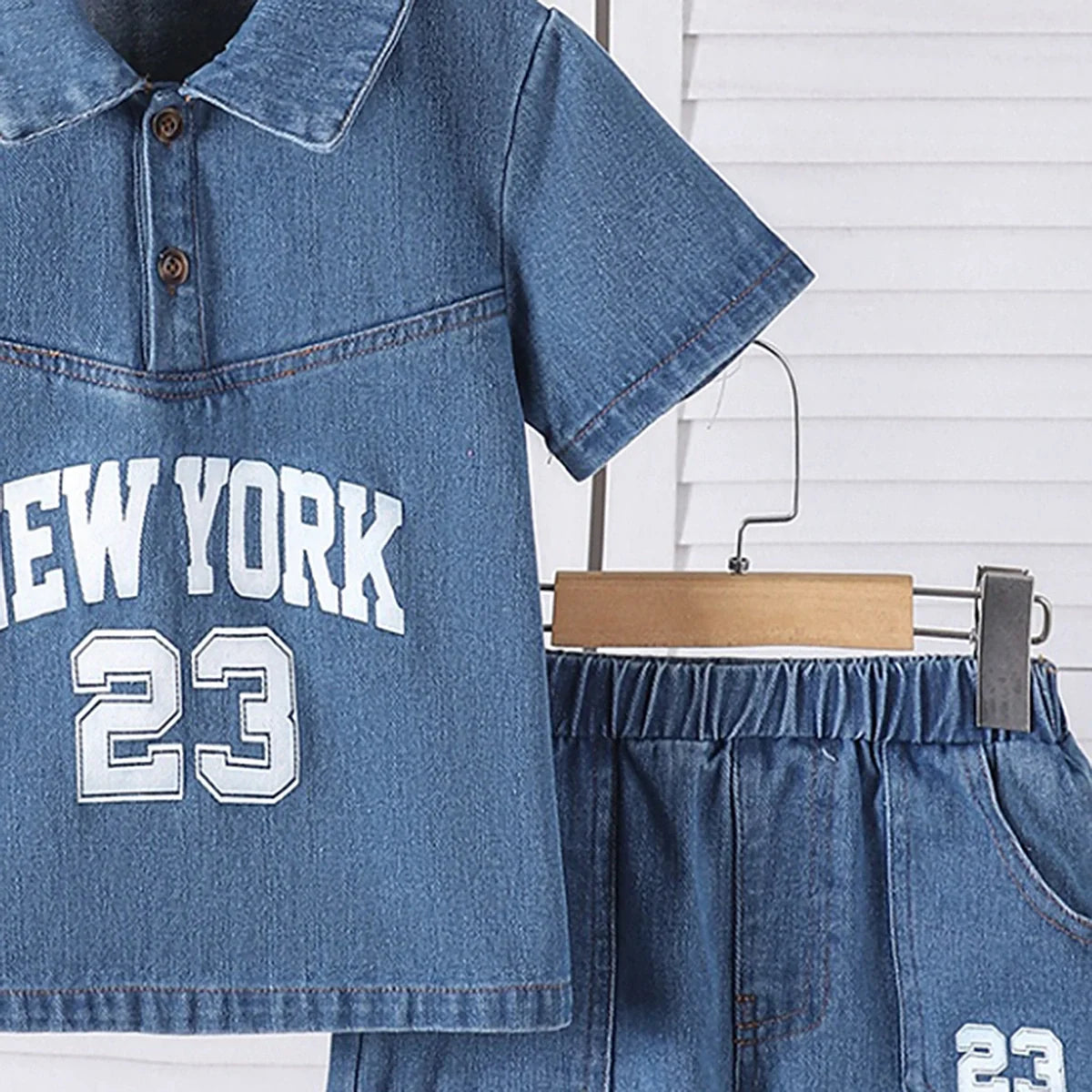 Boys Blue Alphanumeric Print Short Sleeve Denim Shirt With Shorts Sets