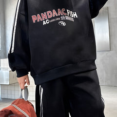 Boys Black Typographic Printed Sweatshirt With Joggers Winter Co-ord Sets