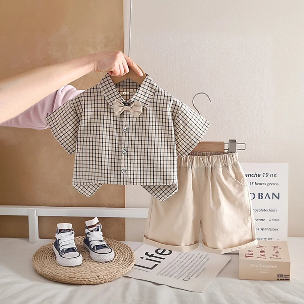 Boys Beige Checked Short Sleeve Shirt with Shorts Sets