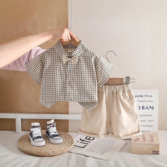 Boys Beige Checked Short Sleeve Shirt with Shorts Sets