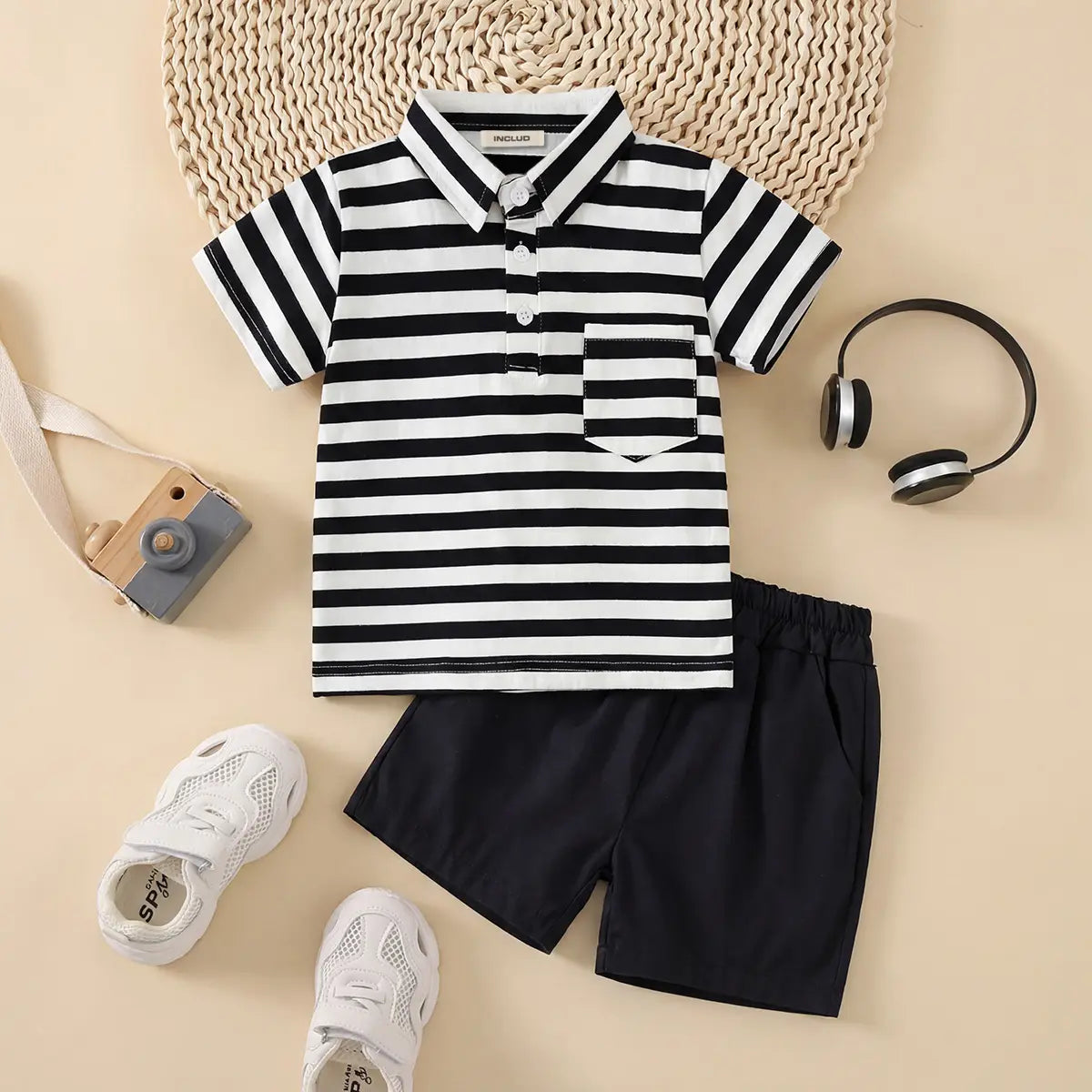 Boys Black Stripes Short Sleeves Polo T-Shirt With Shorts Set
