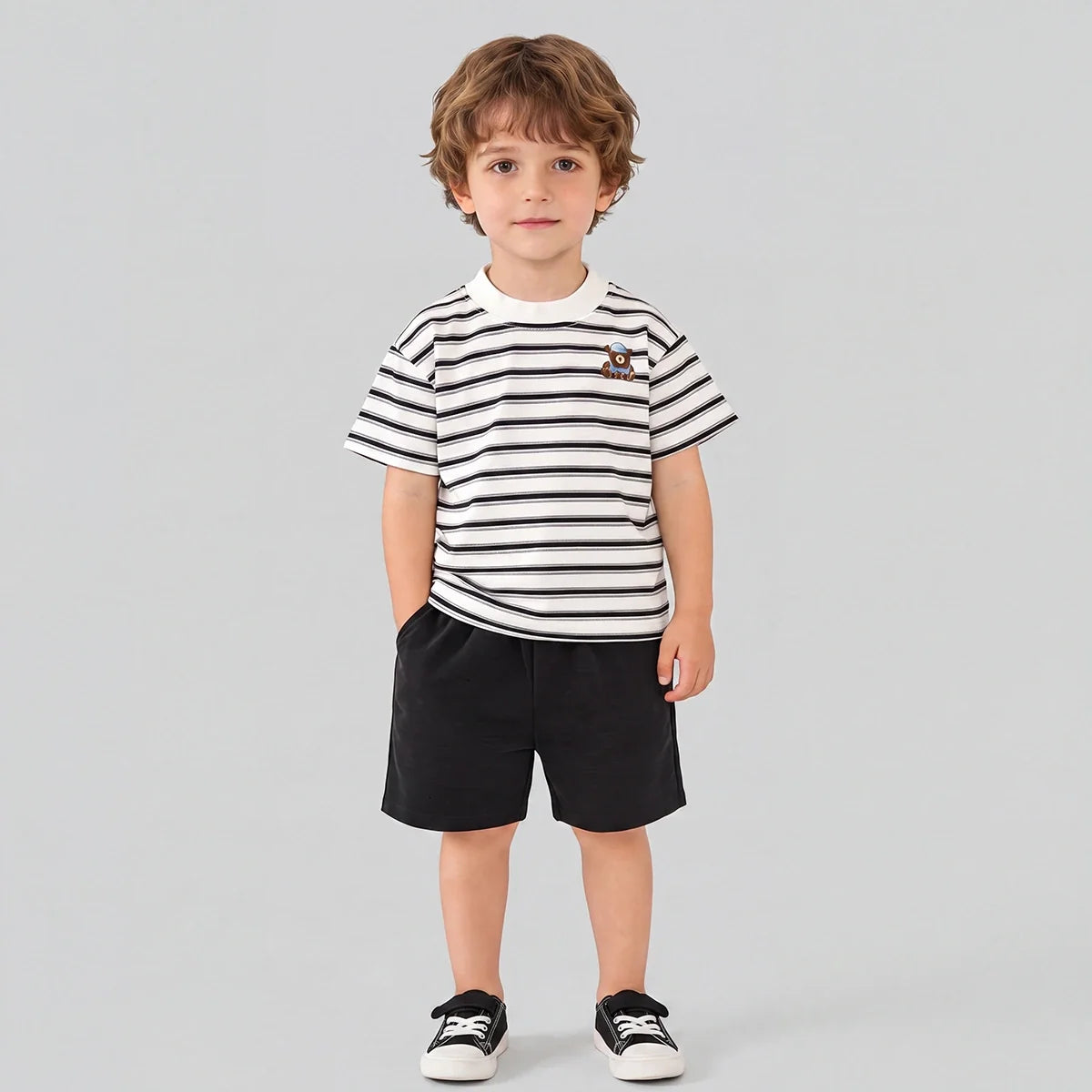 Boys Black Striped Short Sleeve T-Shirt With Shorts Sets