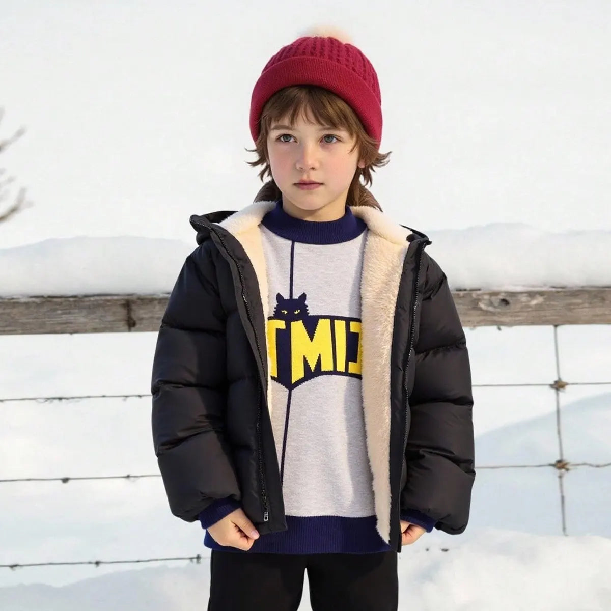 Boys Black Hooded Puffer Jacket With Sherpa Fleece Lining