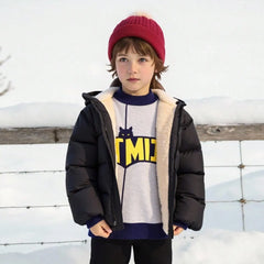 Boys Black Hooded Puffer Jacket With Sherpa Fleece Lining