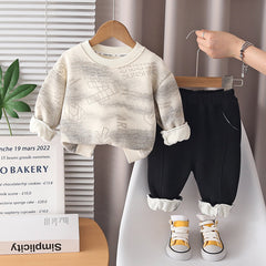 Boys Beige Typographic Printed Sweatshirt With Jogger Sets