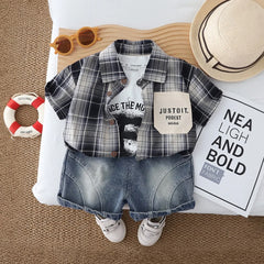 Boys Black Checked Shirt With Printed T-Shirt & Denim Shorts Set