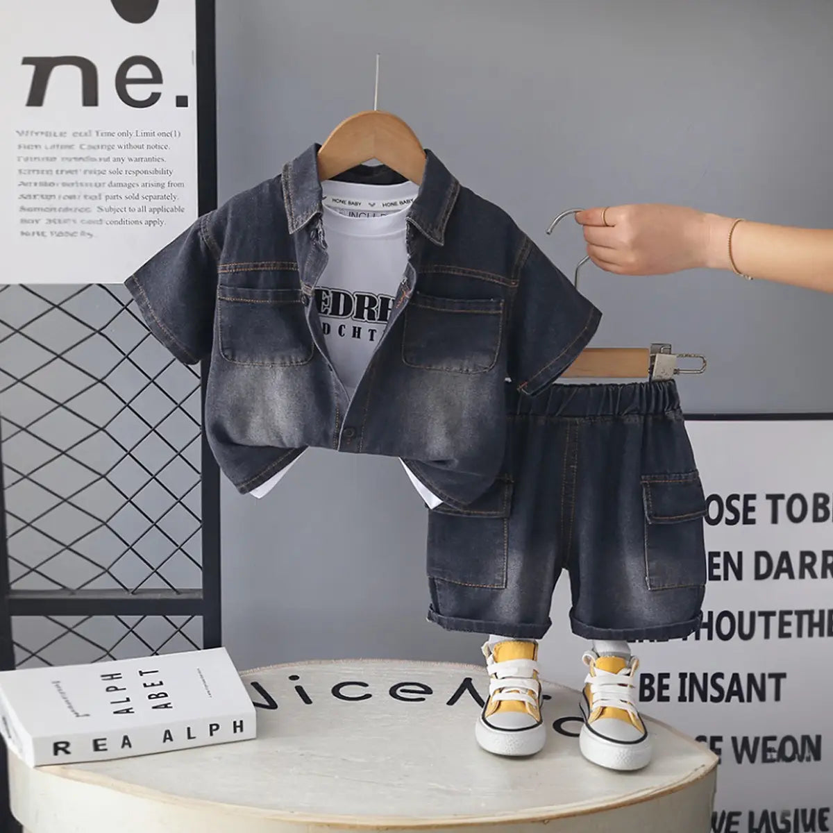 Boys Black Denim Shirt & Cargo Shorts With Printed T-Shirt Sets
