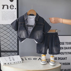 Boys Black Denim Shirt & Cargo Shorts With Printed T-Shirt Sets