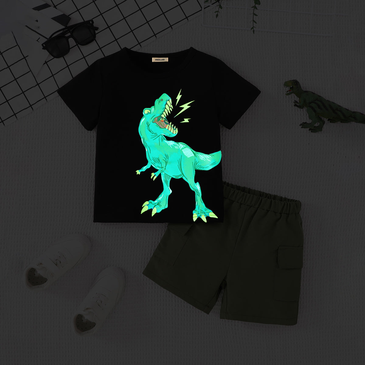 Boys Black Dinosaur Printed T-Shirt With Shorts Set