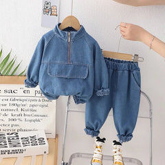 Boys Blue Half Zipper Denim Jacket With Jogger Co-ord Sets