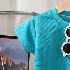 Boys Blue Embossed Print Short Sleeve T-Shirt With Shorts Sets