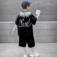 Boys Black Abstract Printed Summer Oversized T-Shirt With Shorts Set