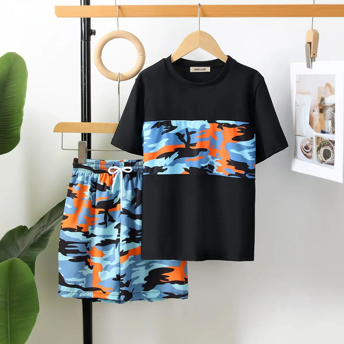 Boys Black Camouflage Printed Short Sleeves T-Shirt & Shorts Swimsuit Sets