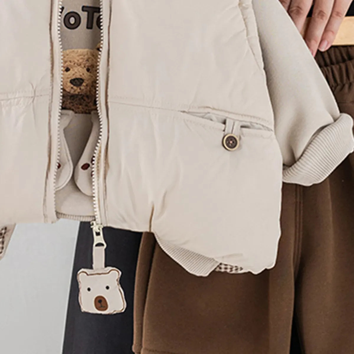 Boys Beige Jacket With Regular Applique Sweatshirt With Trouser Sets